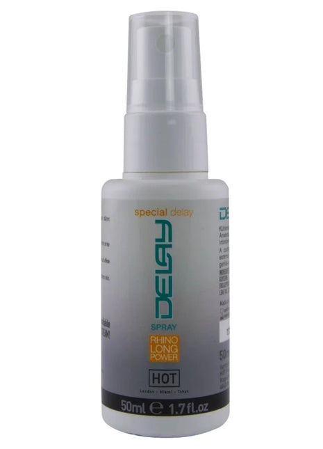 Ein schlanker silberner sprayflasche mit transparentem düsenkopf von degay rhino long power hot styling spray 50 ml
