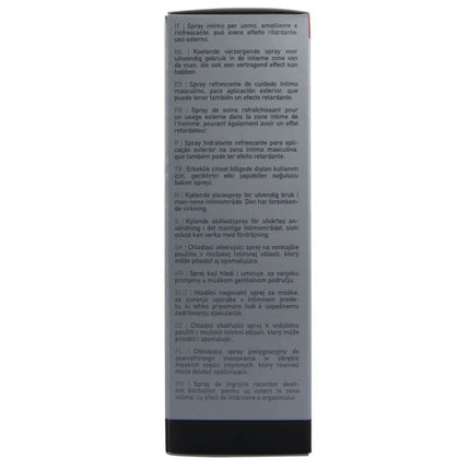 Graue rechteckige flasche mit schwarzem deckel und mehrsprachigen etiketten zeigt die rückseite von hot verzögertes spray 50 ml