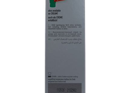Silberne rechteckige box des hot verzögertes sprays 50 ml mit rotem und grünem rhino long power logo und mehrsprachigem text
