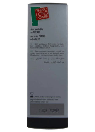 Silberne rechteckige box des hot verzögertes sprays 50 ml mit rotem und grünem rhino long power logo und mehrsprachigem text
