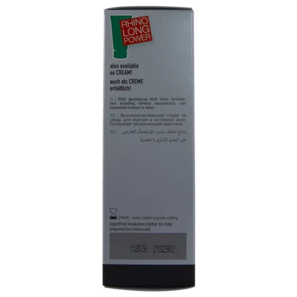 Silberne rechteckige box des hot verzögertes sprays 50 ml mit rotem und grünem rhino long power logo und mehrsprachigem text