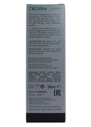 Silberne rechteckige delay spray box hot verzögertes spray 50 ml mit schwarzen akzenten und mehrsprachigem text