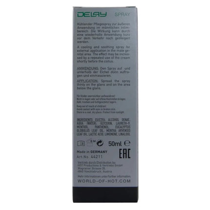 Silberne rechteckige delay spray box hot verzögertes spray 50 ml mit schwarzen akzenten und mehrsprachigem text