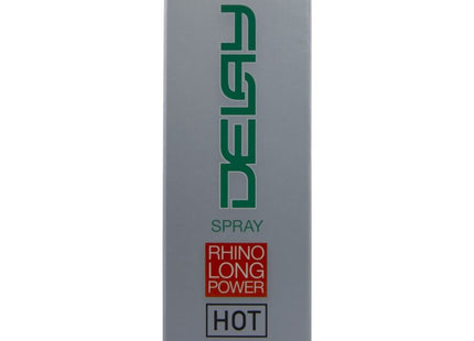 Silver rechteckige box für delray rhino long power hot spray mit grün rotem branding und banner neue formel