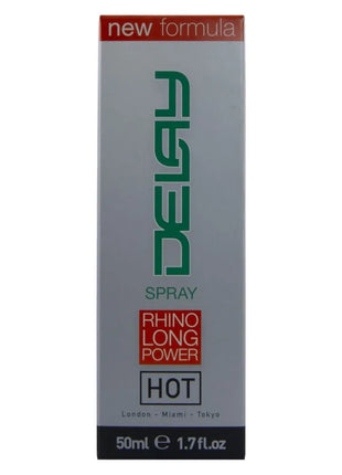 Silver rechteckige box für delray rhino long power hot spray mit grün rotem branding und banner neue formel