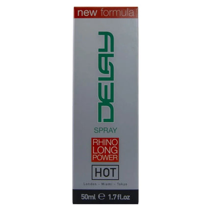 Silver rechteckige box für delray rhino long power hot spray mit grün rotem branding und banner neue formel