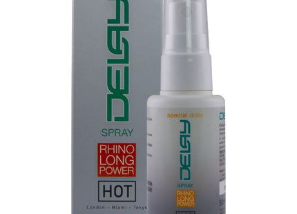 Weiße plastik-sprühflasche mit klarem aufsatz und grüner markierung für verzögertes spray hot rhino long power 50 ml