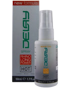 Weiße plastik-sprühflasche mit klarem aufsatz und grüner markierung für verzögertes spray hot rhino long power 50 ml