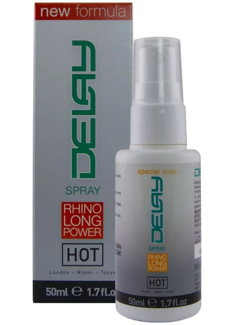 Weiße plastik-sprühflasche mit klarem aufsatz und grüner markierung für verzögertes spray hot rhino long power 50 ml