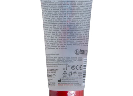 Ein roter transparenter kunststofftube mit weißem etikett und schwarzem text für warmendes wasserbasiertes gleitmittel hot 100 ml