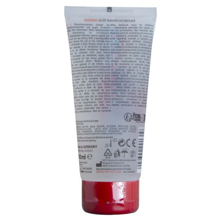 Ein roter transparenter kunststofftube mit weißem etikett und schwarzem text für warmendes wasserbasiertes gleitmittel hot 100 ml