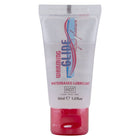 Transparenter kunststofftube mit rotem verschluss und blauem pinkem weißem branding für warming glide wasserbasiertes gleitmittel hot 30 ml