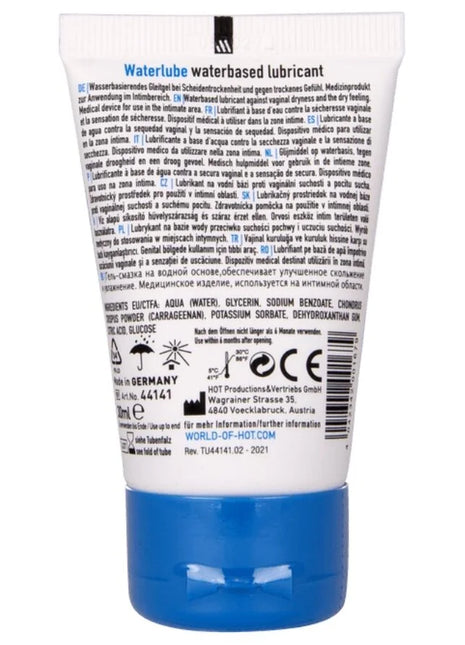 Weiße plastiktube mit blauem deckel und schwarzem logo von hot wasser gleitfilter auf wasserbasis 30 ml