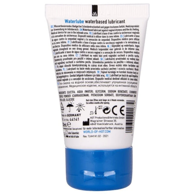 Weiße plastiktube mit blauem deckel und schwarzem logo von hot wasser gleitfilter auf wasserbasis 30 ml