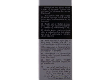 Schwarze rechteckige tube hot xxl creme für männer 50 ml mit silbernem mehrsprachigem inhaltsstoffetikett rückseite