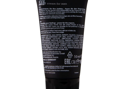 Schwarze tube hot xxl creme für männer 50 ml mit weißem text und branding auf dem etikett