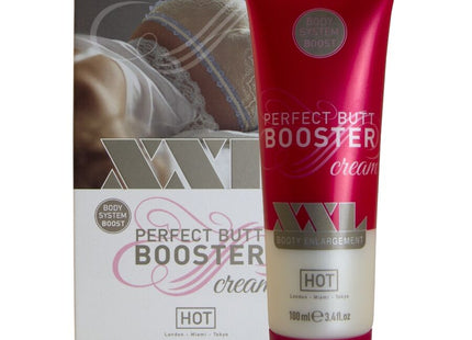 Ein glänzender rot weißer tube hot xxl po booster creme 100 ml mit silbernem xxl logo für perfekte kurven