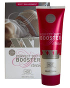 Ein glänzender rot weißer tube hot xxl po booster creme 100 ml mit silbernem xxl logo für perfekte kurven