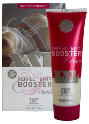 Ein glänzender rot weißer tube hot xxl po booster creme 100 ml mit silbernem xxl logo für perfekte kurven