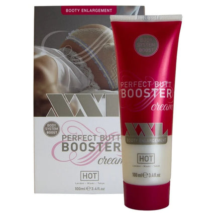 Ein glänzender rot weißer tube hot xxl po booster creme 100 ml mit silbernem xxl logo für perfekte kurven