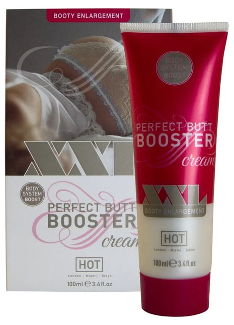 Ein glänzender rot weißer tube hot xxl po booster creme 100 ml mit silbernem xxl logo für perfekte kurven