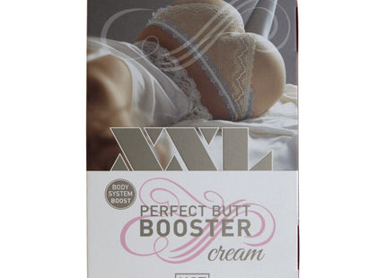 Weiße rechteckige box mit der aufschrift perfect butt booster cream in pink und grau und einem bild von lingerie für den po booster creme 100 ml hot xxl
