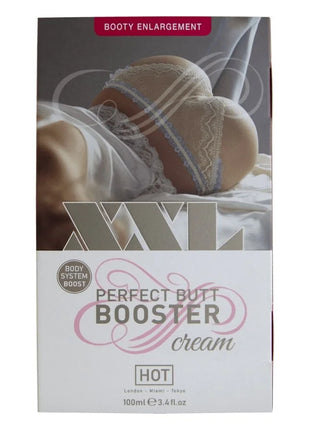 Weiße rechteckige box mit der aufschrift perfect butt booster cream in pink und grau und einem bild von lingerie für den po booster creme 100 ml hot xxl