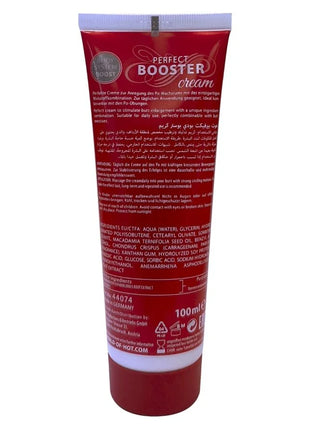 Röre roter booster creme mit weißem deckel und inhaltsstoffangaben auf der rückseite produkt hot xxl po-booster-creme 100 ml