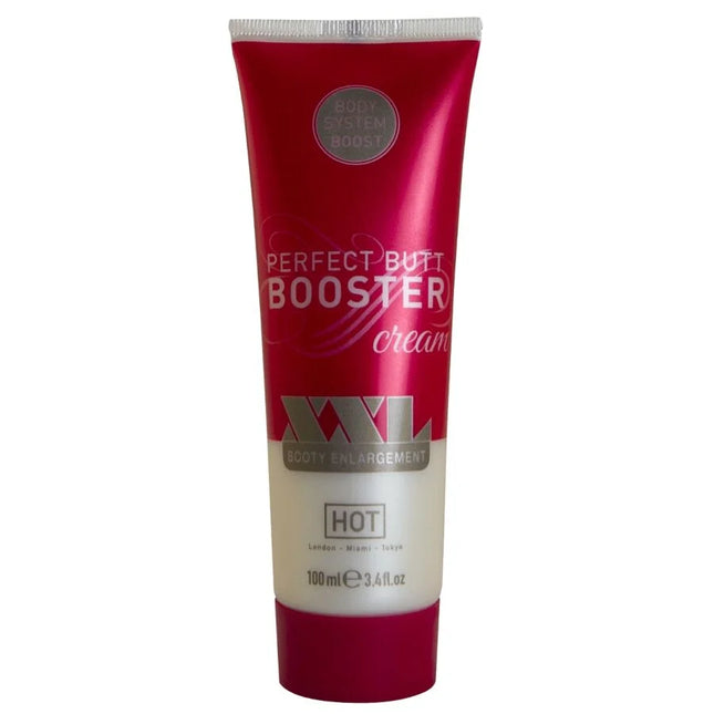 Roter und weißer xxl po-booster-creme tube mit metallischem silberdeckel hot xxl po-booster-creme 100 ml