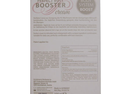 The back of a white cardboard box for hot productions & vertriebs gmbh perfect butt booster cream with german and english text