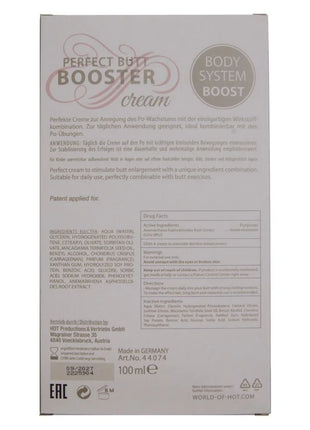 The back of a white cardboard box for hot productions & vertriebs gmbh perfect butt booster cream with german and english text