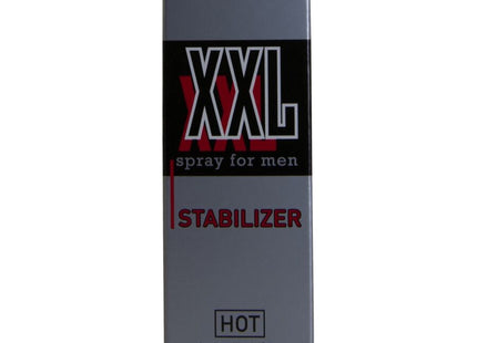 Graue rechteckige box für hot xxl spray für männer 50 ml mit schwarzer und roter markenkennung und hot label
