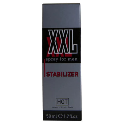 Graue rechteckige box für hot xxl spray für männer 50 ml mit schwarzer und roter markenkennung und hot label