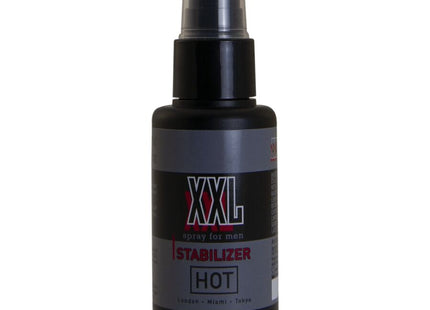 Schwarze kunststoffsprühflasche mit klarem düsenaufsatz und schwarzem deckel beschriftet mit xxl stabilizer hot