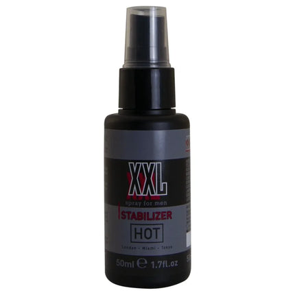 Schwarze kunststoffsprühflasche mit klarem düsenaufsatz und schwarzem deckel beschriftet mit xxl stabilizer hot