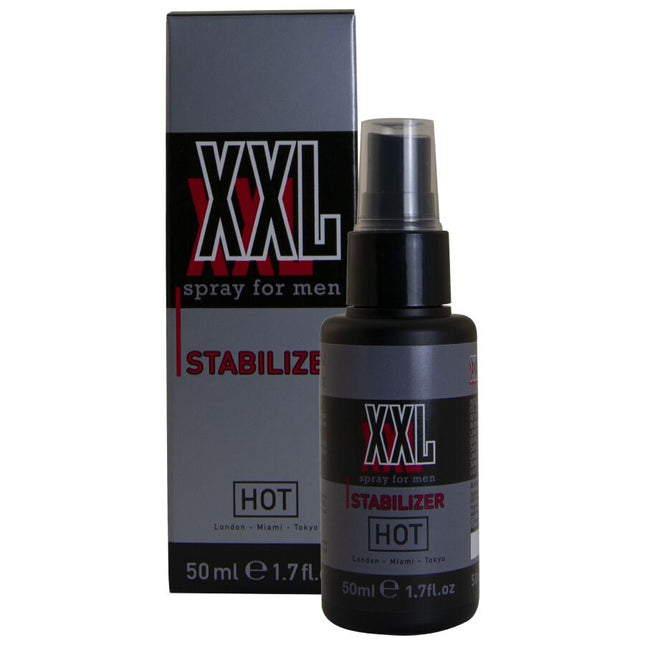 Schwarze xxl sprayflasche für männer mit silbernem label und passender grauer box hot 50 ml stabilisator