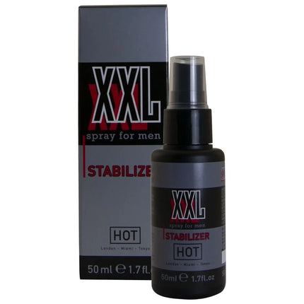 Schwarze xxl sprayflasche für männer mit silbernem label und passender grauer box hot 50 ml stabilisator