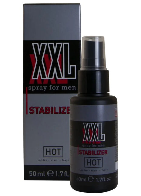 Schwarze xxl sprayflasche für männer mit silbernem label und passender grauer box hot 50 ml stabilisator