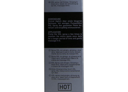Silberne rechteckige box mit schwarzen akzenten und weißem text für hot xxl spray für männer 50 ml