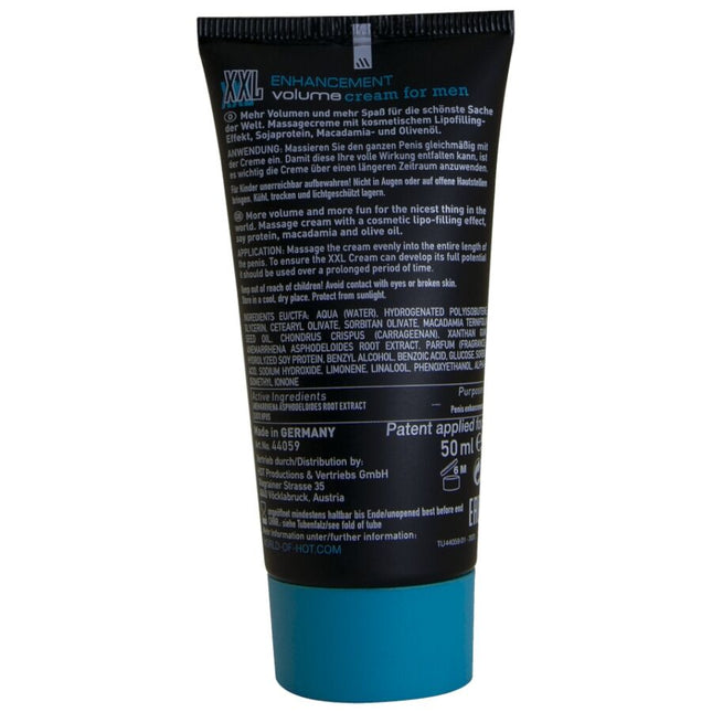 Schwarze und türkise tube der hot xxl verbesserungscreme für männer 50 ml zur volumensteigerung