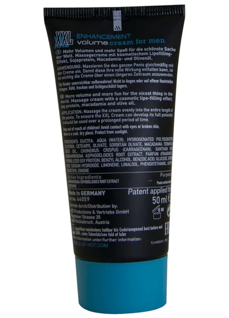 Schwarze und türkise tube der hot xxl verbesserungscreme für männer 50 ml zur volumensteigerung
