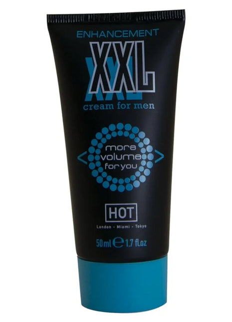 Schwarze und türkise tube hot xxl verbesserungscreme für männer 50 ml mit mehr volumen für dich text