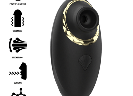 Schwarzer und goldener ibiza silikonvibrator mit ergonomischem 3-in-1 saugen lecken und pulsieren design