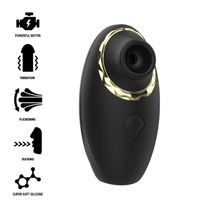 Schwarzer und goldener ibiza silikonvibrator mit ergonomischem 3-in-1 saugen lecken und pulsieren design