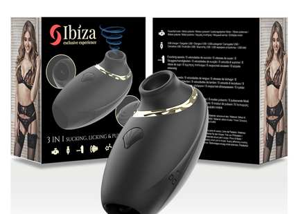 Schwarzer ibizan 3-in-1 saugen leckend und pulsierender vibrator mit goldakzenten und muschelförmigem knopf