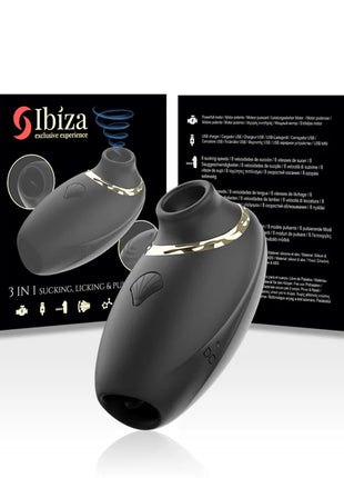 Schwarzer ibizan 3-in-1 saugen leckend und pulsierender vibrator mit goldakzenten und muschelförmigem knopf