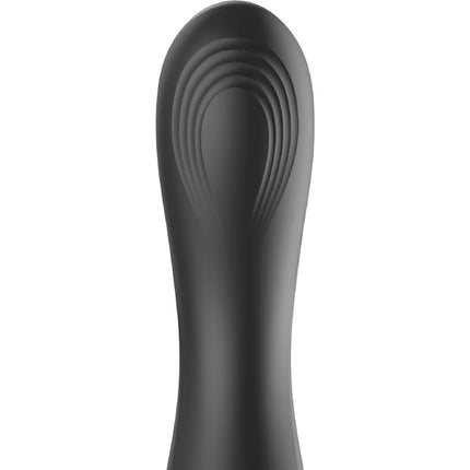 Schwarzer silikongriff mit konzentrischen kreisrillen für grip am ibiza austauschbaren klitorisstimulator und pulsations-g-punkt-vibrator