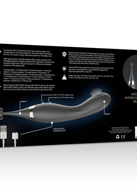 Schwarzer und goldener ibiza klitorest stimulator und pulsations g punkt vibrator aus silikon mit austauschbaren köpfen