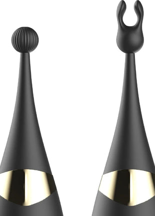 Zwei schwarze ibiza vibrator mit gold akzenten, austauschbare klitorisstimulator und pulsations g punkt vibrator, eine mit kugelspitze, eine mit bunny ear spitze