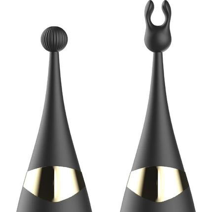 Zwei schwarze ibiza vibrator mit gold akzenten, austauschbare klitorisstimulator und pulsations g punkt vibrator, eine mit kugelspitze, eine mit bunny ear spitze